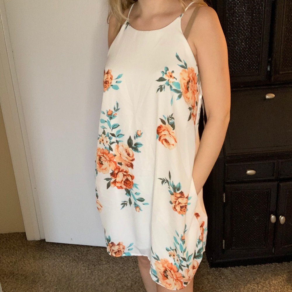 White and Peach Floral Tank Dress